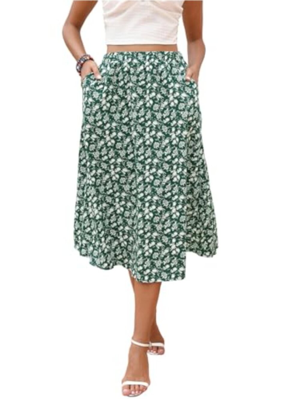 Women's Elastic Waist Midi A-Line Skirt with Pockets Floral Boho